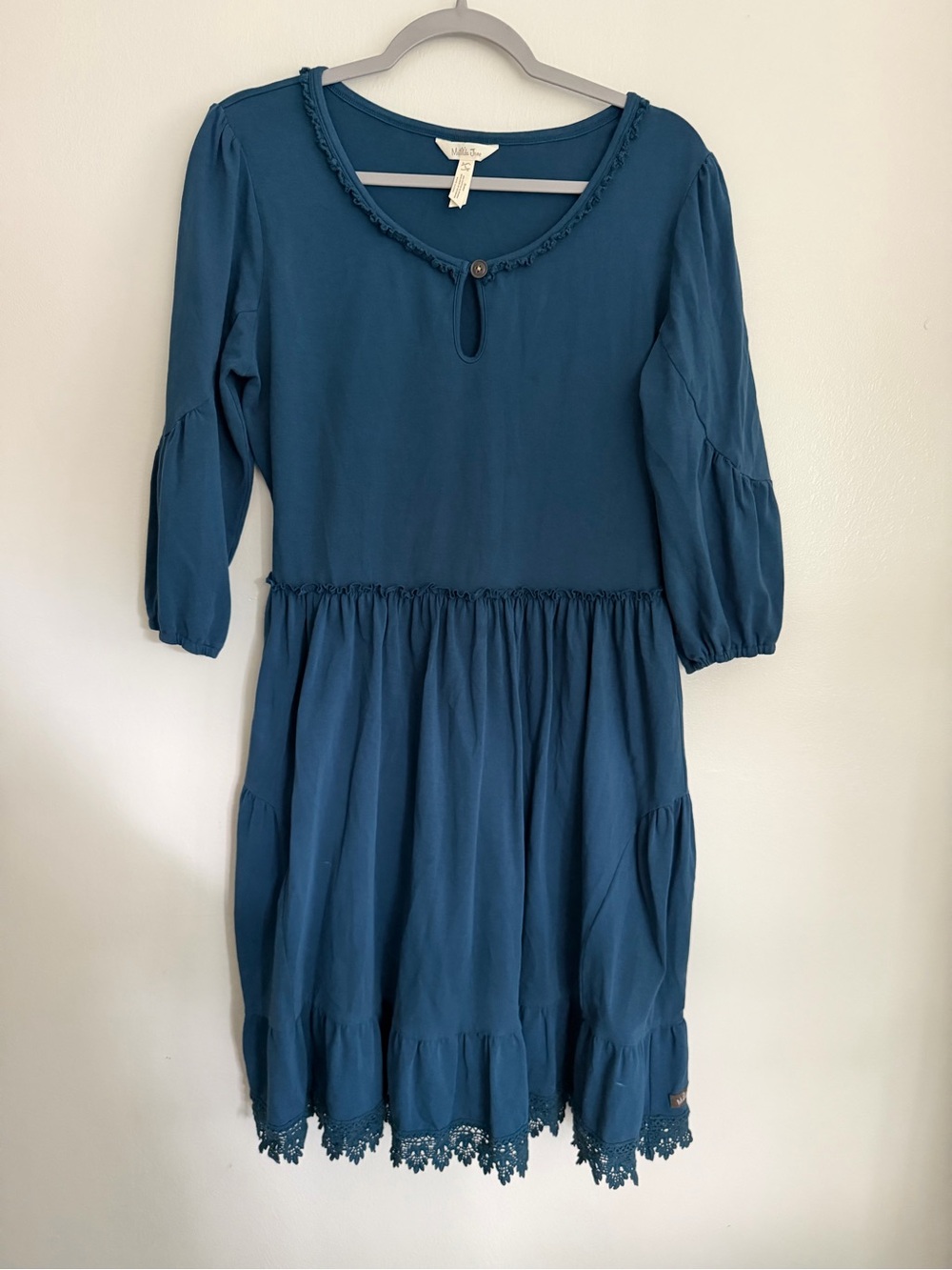 MATILDA JANE Lace Hem Gathered Waist Boho Dress - Women's Size Large - Blue